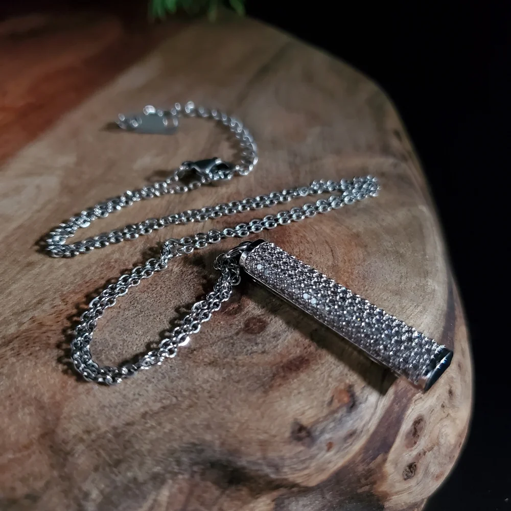 Contemporary Design Pendant Platinum plated Bar White Topaz Pave Dainty Delicate